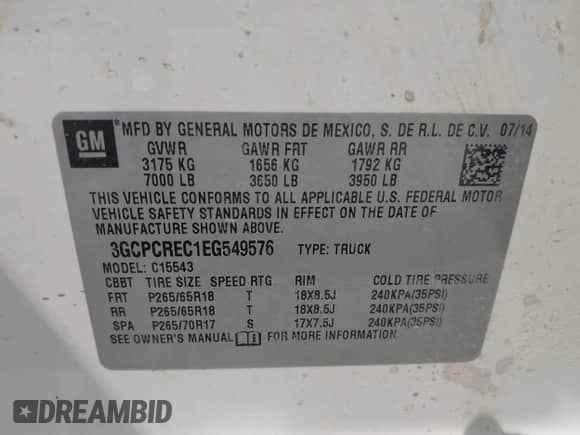 2014 Chevrolet Silverado 1500 LT with VIN 3GCPCREC1EG549576, listed as a IAAI auction lot 43027036 with 238,155 mi miles and . Bid and sale history available at DreamBid. Image 9.