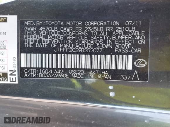 2011 Lexus IS 250 C with VIN JTHFF2C29B2520771, listed as a IAAI auction lot 42621886 with Not provided miles and . Bid and sale history available at DreamBid. Image 9.