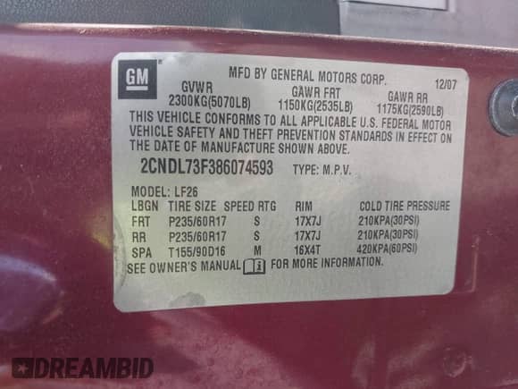 2008 Chevrolet Equinox LTZ with VIN 2CNDL73F386074593, listed as a IAAI auction lot 42432243 with 179,661 mi miles and . Bid and sale history available at DreamBid. Image 9.