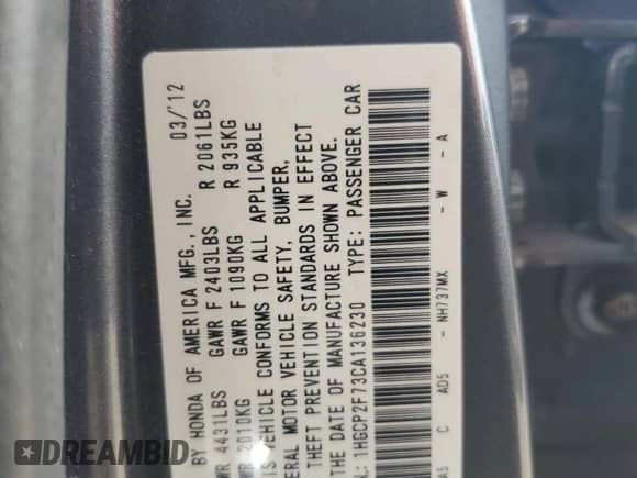 2012 Honda Accord EX z VIN 1HGCP2F73CA136230, wystawiony jako Copart lot #68507805 z przebiegiem 117 316 mil mil oraz Szkoda całkowita • Salvage title. Historia ofert i sprzedaży dostępna na DreamBid. Obrazek 12.