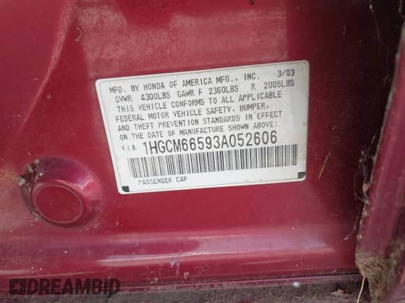 2003 Honda Accord EX с VIN 1HGCM66593A052606, выставлен на аукционе IAAI как лот 43298605 с пробегом 204 654 миль миль и . История ставок и продаж доступна на DreamBid. Изображение 9.