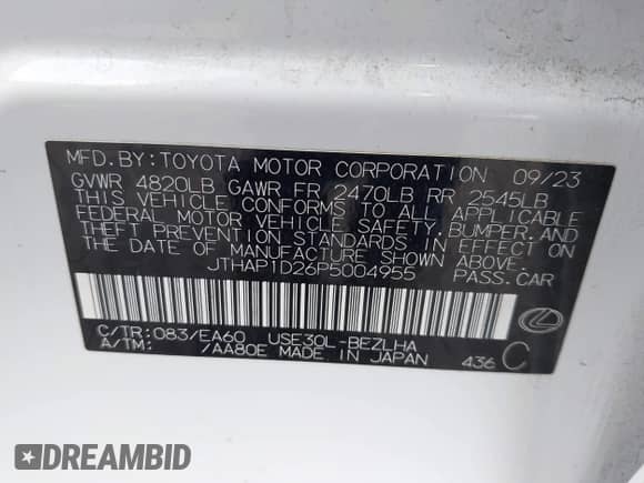 2023 Lexus IS 500 F Sport Performance Premium z VIN JTHAP1D26P5004955, wystawiony jako IAAI lot #43348224 z przebiegiem Nie podano mil oraz . Historia ofert i sprzedaży dostępna na DreamBid. Obrazek 9.