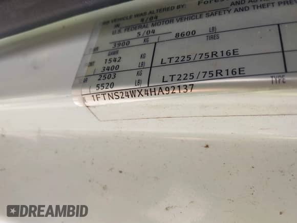 2004 Ford Econoline Cargo with VIN 1FTNS24WX4HA92137, listed as a IAAI auction lot 42888080 with 158,035 mi miles and . Bid and sale history available at DreamBid. Image 9.