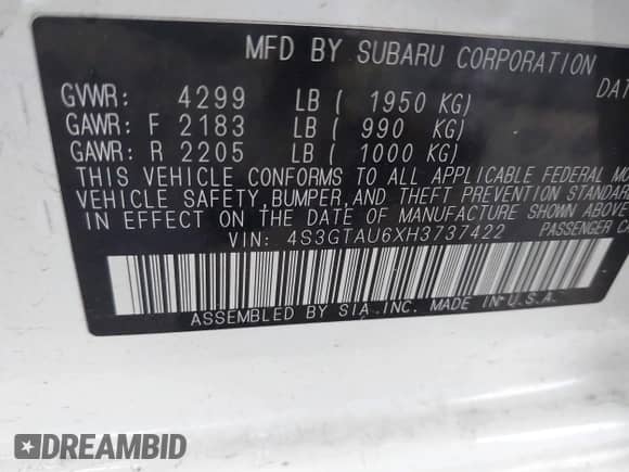 2017 Subaru Impreza Limited z VIN 4S3GTAU6XH3737422, wystawiony jako IAAI lot #42099434 z przebiegiem 59 246 mil mil oraz . Historia ofert i sprzedaży dostępna na DreamBid. Obrazek 9.