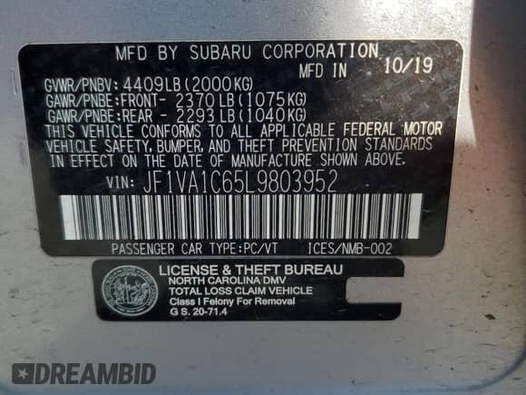 2020 Subaru WRX Premium with VIN JF1VA1C65L9803952, listed as a Copart auction lot 59917835 with 94,664 mi miles and Salvage title. Bid and sale history available at DreamBid. Image 12.