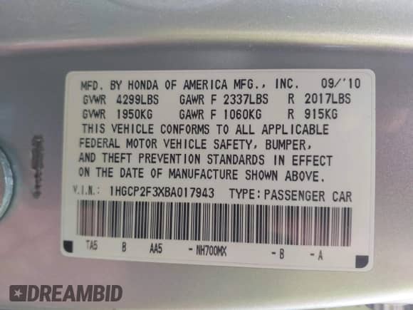 2011 Honda Accord LX с VIN 1HGCP2F3XBA017943, выставлен на аукционе IAAI как лот 43147493 с пробегом 155 902 миль миль и . История ставок и продаж доступна на DreamBid. Изображение 9.