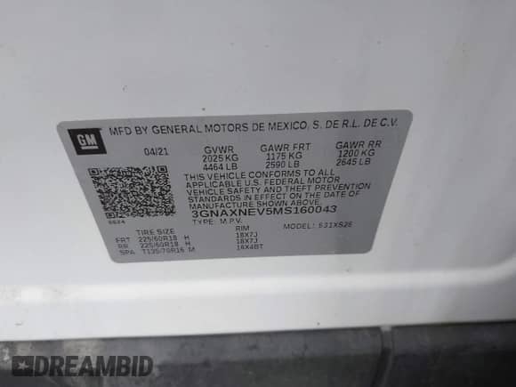 2021 Chevrolet Equinox Premier with VIN 3GNAXNEV5MS160043, listed as a IAAI auction lot 42109564 with 36,808 mi miles and . Bid and sale history available at DreamBid. Image 9.