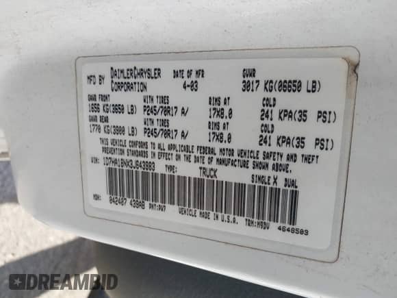 2003 Dodge 1500 ST z VIN 1D7HA18NX3J643983, wystawiony jako IAAI lot #43546343 z przebiegiem 175 450 mil mil oraz . Historia ofert i sprzedaży dostępna na DreamBid. Obrazek 9.