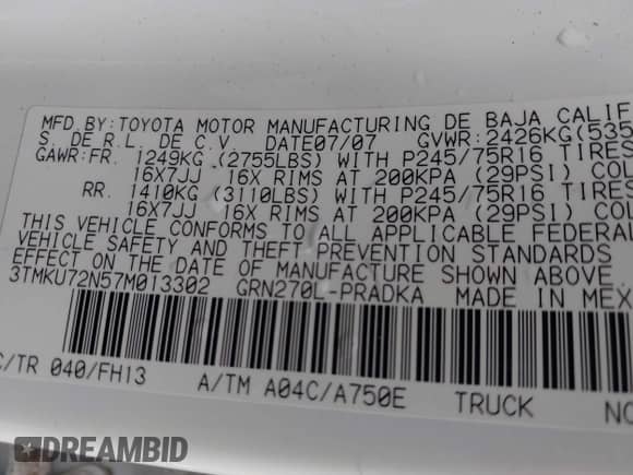 2007 Toyota Tacoma PreRunner z VIN 3TMKU72N57M013302, wystawiony jako IAAI lot #43089625 z przebiegiem 146 945 mil mil oraz . Historia ofert i sprzedaży dostępna na DreamBid. Obrazek 9.