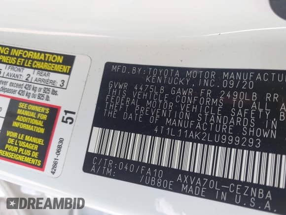 2020 Toyota Camry LE z VIN 4T1L11AK2LU999293, wystawiony jako IAAI lot #43202655 z przebiegiem 52 070 mil mil oraz . Historia ofert i sprzedaży dostępna na DreamBid. Obrazek 9.