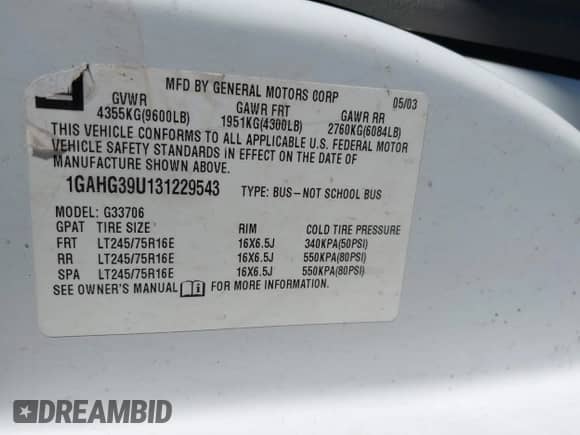 2003 Chevrolet Express Passenger with VIN 1GAHG39U131229543, listed as a IAAI auction lot 41321783 with 165,221 mi miles and . Bid and sale history available at DreamBid. Image 9.