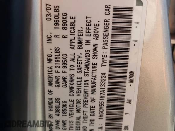 2007 Honda Accord VP с VIN 1HGCM55187A133224, выставлен на аукционе Copart как лот 81029765 с пробегом 182 788 миль миль и Списание • Salvage title. История ставок и продаж доступна на DreamBid. Изображение 12.