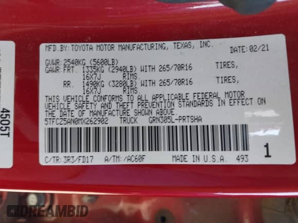 2021 Toyota Tacoma SR z VIN 5TFCZ5AN0MX262902, wystawiony jako IAAI lot #43535009 z przebiegiem 70 926 mil mil oraz . Historia ofert i sprzedaży dostępna na DreamBid. Obrazek 9.