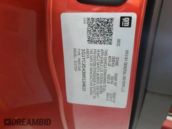 2021 Chevrolet Corvette 3LT с VIN 1G1YC2D43M5124610, выставлен на аукционе Copart как лот 79023594 с пробегом Не указан миль и Списание • Salvage title. История ставок и продаж доступна на DreamBid. Изображение 12.