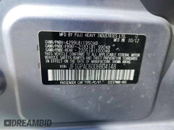 2013 Subaru Impreza Premium с VIN JF1GPAC60DH804148, выставлен на аукционе Copart как лот 85189285 с пробегом 116 997 миль миль и Списание • Salvage title. История ставок и продаж доступна на DreamBid. Изображение 13.