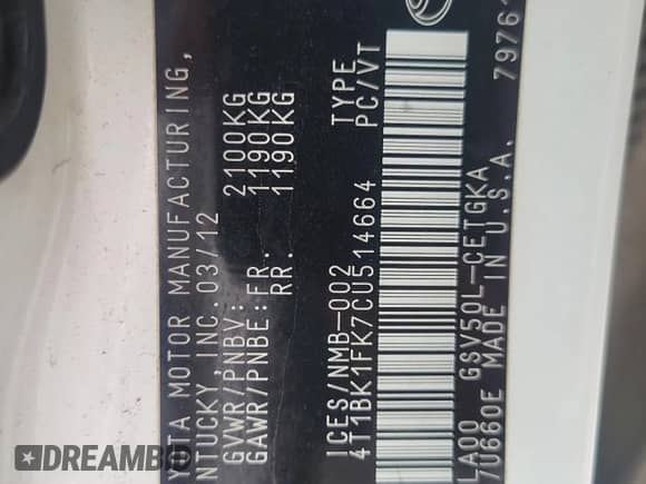 2012 Toyota Camry XLE with VIN 4T1BK1FK7CU514664, listed as a Copart auction lot 71484725 with 335,770 mi miles and Clean title. Bid and sale history available at DreamBid. Image 12.