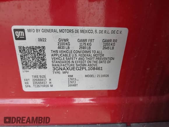 2023 Chevrolet Equinox LT with VIN 3GNAXUEG2PL108461, listed as a IAAI auction lot 43146487 with Not provided miles and . Bid and sale history available at DreamBid. Image 9.