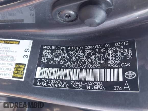 2012 Toyota Prius Two z VIN JTDZN3EUXC3106898, wystawiony jako IAAI lot #43089149 z przebiegiem 198 308 mil mil oraz . Historia ofert i sprzedaży dostępna na DreamBid. Obrazek 9.