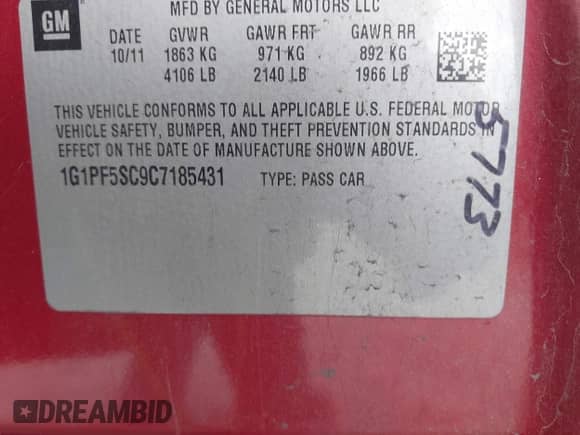 2012 Chevrolet Cruze 1LT z VIN 1G1PF5SC9C7185431, wystawiony jako IAAI lot #43341707 z przebiegiem 171 018 mil mil oraz . Historia ofert i sprzedaży dostępna na DreamBid. Obrazek 9.