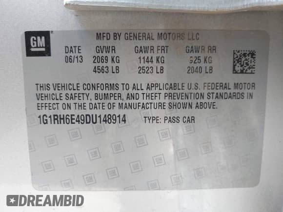 2013 Chevrolet Volt with VIN 1G1RH6E49DU148914, listed as a IAAI auction lot 43366649 with Not provided miles and . Bid and sale history available at DreamBid. Image 9.