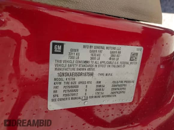 2013 Chevrolet Tahoe LS with VIN 1GNSKAE05DR187598, listed as a IAAI auction lot 42104827 with 314,751 mi miles and . Bid and sale history available at DreamBid. Image 9.