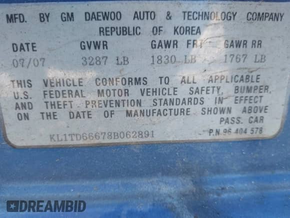 2008 Chevrolet Aveo LS с VIN KL1TD66678B062891, выставлен на аукционе IAAI как лот 43148640 с пробегом 142 678 миль миль и . История ставок и продаж доступна на DreamBid. Изображение 9.