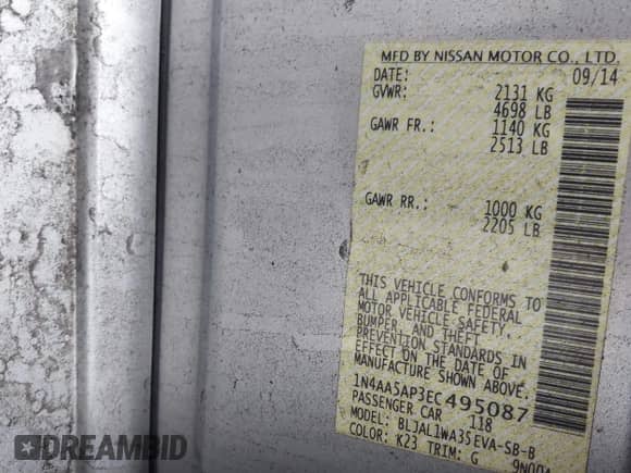 2014 Nissan Maxima S z VIN 1N4AA5AP3EC495087, wystawiony jako IAAI lot #43122516 z przebiegiem 122 886 mil mil oraz . Historia ofert i sprzedaży dostępna na DreamBid. Obrazek 9.