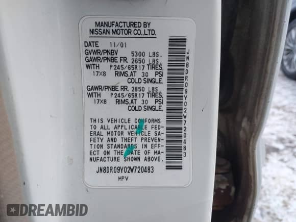 2002 Nissan Pathfinder SE with VIN JN8DR09Y02W720483, listed as a IAAI auction lot 41382772 with 182,531 mi miles and . Bid and sale history available at DreamBid. Image 9.