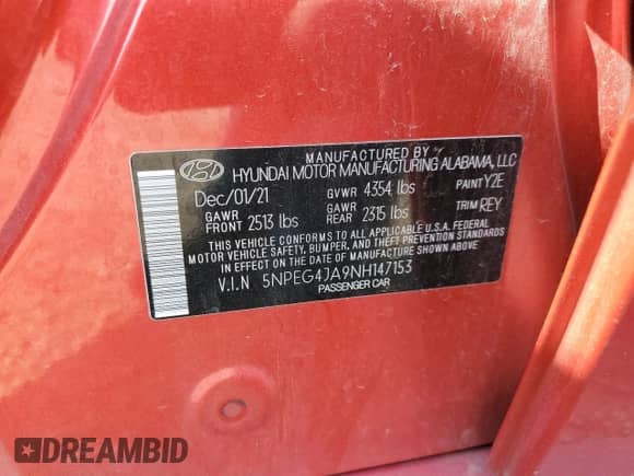 2022 Hyundai Sonata SE with VIN 5NPEG4JA9NH147153, listed as a Copart auction lot 63234925 with 97,638 mi miles and Salvage title. Bid and sale history available at DreamBid. Image 12.