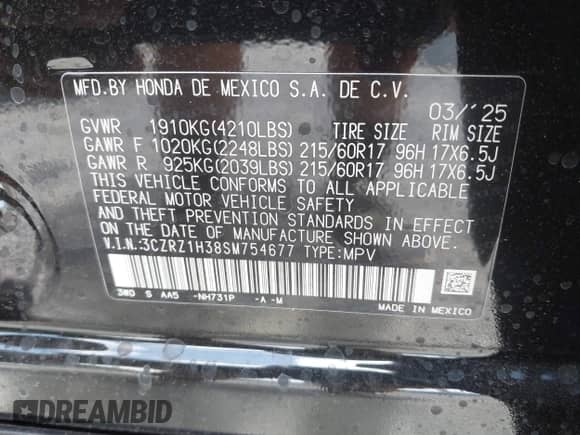 2025 Honda HR-V LX with VIN 3CZRZ1H38SM754677, listed as a IAAI auction lot 42694829 with 1,938 mi miles and . Bid and sale history available at DreamBid. Image 9.