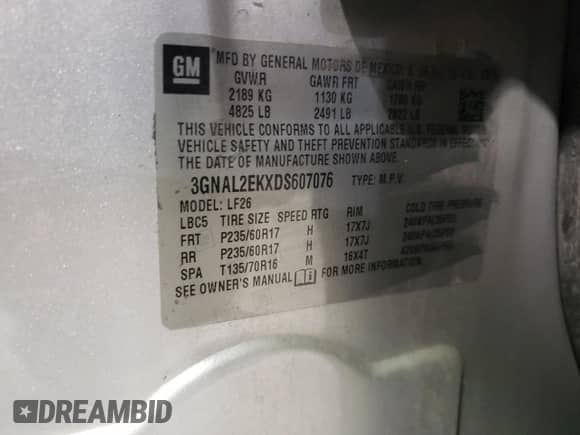 2013 Chevrolet Captiva Sport LS with VIN 3GNAL2EKXDS607076, listed as a Copart auction lot 79544044 with 128,067 mi miles and Clean title. Bid and sale history available at DreamBid. Image 13.