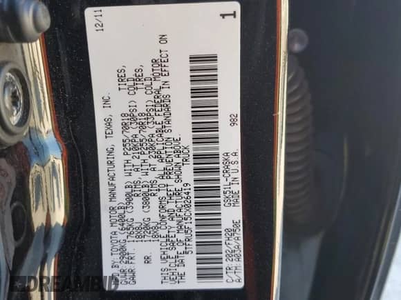 2012 Toyota Tundra z VIN 5TFRU5F15CX026419, wystawiony jako Copart lot #85980334 z przebiegiem 150 239 mil mil oraz Szkoda całkowita • Salvage title. Historia ofert i sprzedaży dostępna na DreamBid. Obrazek 12.