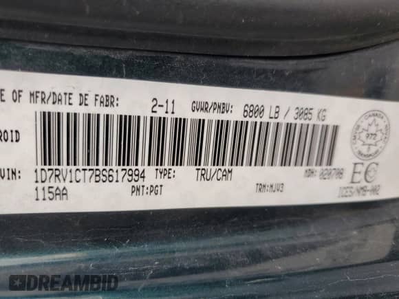 2011 Ram 1500 Sport with VIN 1D7RV1CT7BS617994, listed as a Copart auction lot 83560744 with 191,323 mi miles and Salvage title. Bid and sale history available at DreamBid. Image 12.
