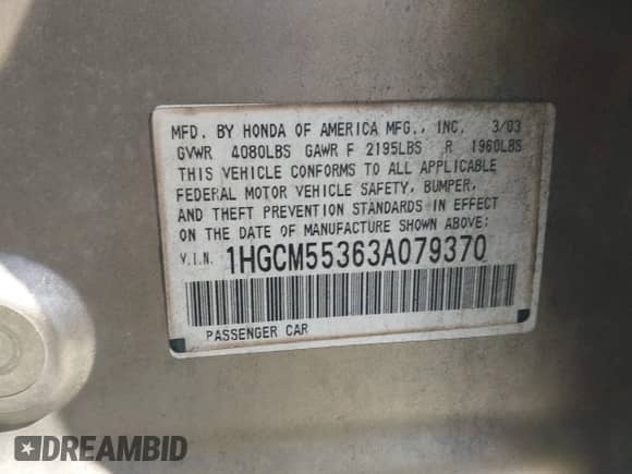 2003 Honda Accord LX with VIN 1HGCM55363A079370, listed as a IAAI auction lot 43053060 with 244,462 mi miles and . Bid and sale history available at DreamBid. Image 9.