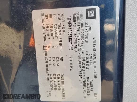 2007 Chevrolet Tahoe LS with VIN 1GNFK13037J321645, listed as a Copart auction lot 48508535 with 255,650 mi miles and Non repairable. Bid and sale history available at DreamBid. Image 15.