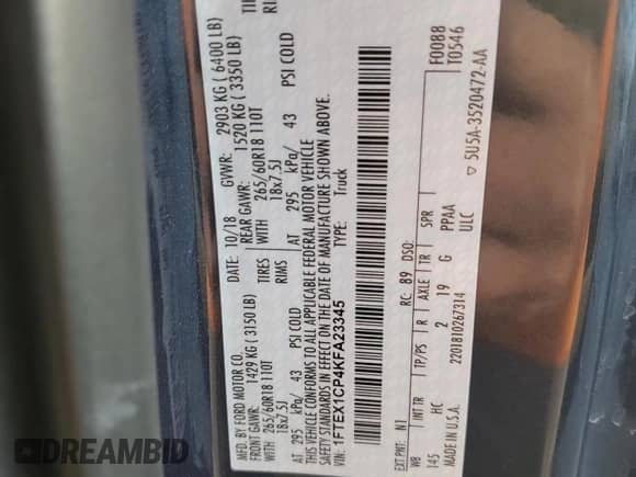 2019 Ford F-150 XL with VIN 1FTEX1CP4KFA23345, listed as a Copart auction lot 81484295 with 70,828 mi miles and Salvage title. Bid and sale history available at DreamBid. Image 12.