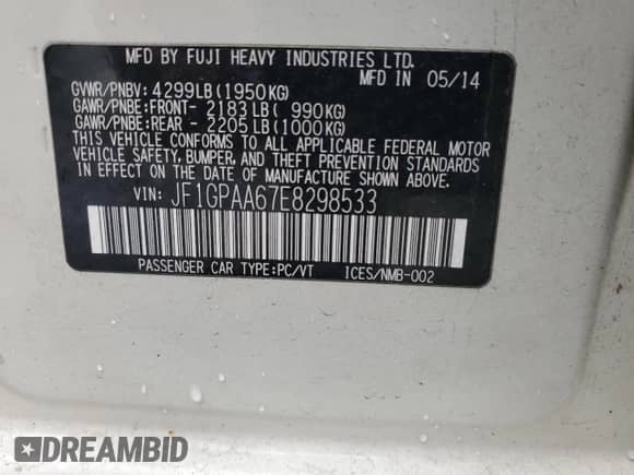 2014 Subaru Impreza 2.0i с VIN JF1GPAA67E8298533, выставлен на аукционе Copart как лот 71965875 с пробегом 140 430 миль миль и Списание • Salvage title. История ставок и продаж доступна на DreamBid. Изображение 13.