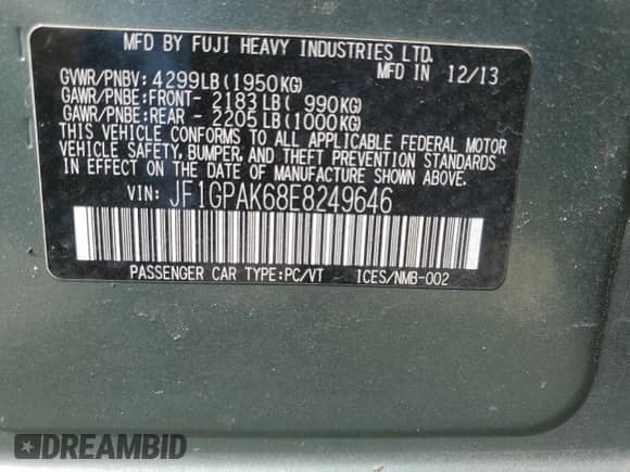 2014 Subaru Impreza Limited с VIN JF1GPAK68E8249646, выставлен на аукционе Copart как лот 54067405 с пробегом 126 901 миль миль и Списание • Salvage title. История ставок и продаж доступна на DreamBid. Изображение 13.