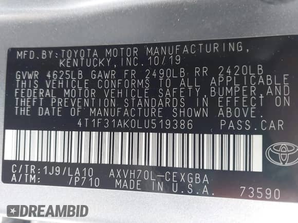 2020 Toyota Camry Hybrid XLE z VIN 4T1F31AK0LU519386, wystawiony jako IAAI lot #43175906 z przebiegiem 33 991 mil mil oraz . Historia ofert i sprzedaży dostępna na DreamBid. Obrazek 9.