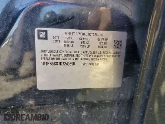 2013 Chevrolet Cruze LS с VIN 1G1PB5SG1D7249896, выставлен на аукционе Copart как лот 84917755 с пробегом 111 801 миль миль и Списание • Salvage title. История ставок и продаж доступна на DreamBid. Изображение 12.