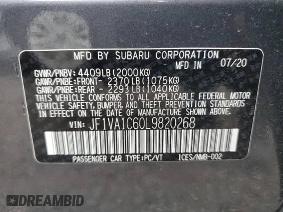 2020 Subaru WRX Premium with VIN JF1VA1C60L9820268, listed as a Copart auction lot 50638715 with 28,195 mi miles and Salvage title. Bid and sale history available at DreamBid. Image 12.