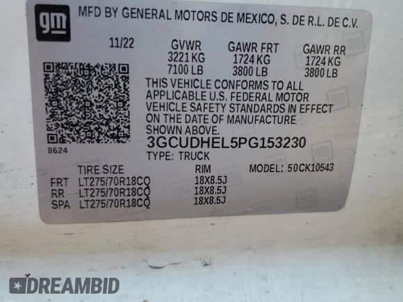 2023 Chevrolet Silverado 1500 ZR2 with VIN 3GCUDHEL5PG153230, listed as a Copart auction lot 54396335 with 46,887 mi miles and Salvage title. Bid and sale history available at DreamBid. Image 12.