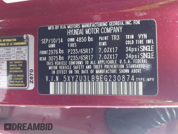 2014 Hyundai Santa Fe z VIN 5XYZU3LB9EG230874, wystawiony jako IAAI lot #43545756 z przebiegiem 150 665 mil mil oraz . Historia ofert i sprzedaży dostępna na DreamBid. Obrazek 9.