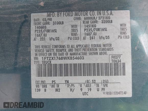 1998 Ford F-150 z VIN 1FTZX1768WKB54603, wystawiony jako IAAI lot #42726342 z przebiegiem 151 409 mil mil oraz . Historia ofert i sprzedaży dostępna na DreamBid. Obrazek 9.