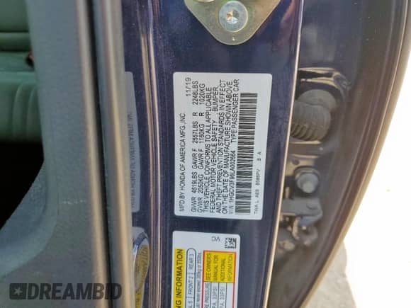 2020 Honda Accord Touring with VIN 1HGCV3F96LA002664, listed as a Copart auction lot 69274315 with 36,526 mi miles and Salvage title. Bid and sale history available at DreamBid. Image 12.
