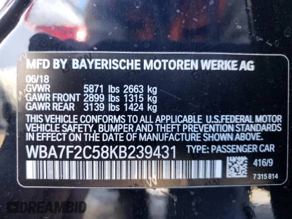 2019 BMW 7 Series 750i xDrive with VIN WBA7F2C58KB239431, listed as a Copart auction lot 41849185 with Not provided miles and Salvage title. Bid and sale history available at DreamBid. Image 13.