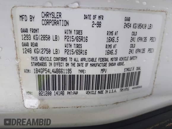 1998 Dodge Caravan LE with VIN 1B4GP54L4WB661195, listed as a IAAI auction lot 42430253 with 196,890 mi miles and . Bid and sale history available at DreamBid. Image 9.