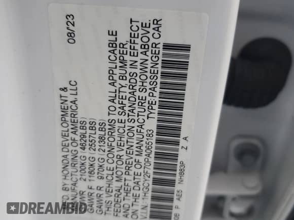 2023 Honda Accord Sport-L with VIN 1HGCY2F70PA065183, listed as a Copart auction lot 69009575 with 104,570 mi miles and Salvage title. Bid and sale history available at DreamBid. Image 12.