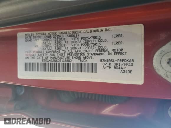 2002 Toyota Tacoma PreRunner z VIN 5TEGM92N62Z118802, wystawiony jako Copart lot #66684755 z przebiegiem 216 147 mil mil oraz Szkoda całkowita • Salvage title. Historia ofert i sprzedaży dostępna na DreamBid. Obrazek 12.