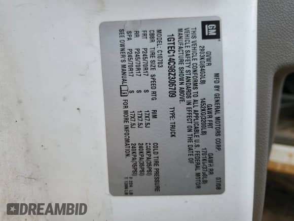 2008 GMC Sierra 1500 Work Truck z VIN 1GTEC14C98Z306709, wystawiony jako Copart lot #47651165 z przebiegiem 196 339 mil mil oraz Szkoda całkowita • Salvage title. Historia ofert i sprzedaży dostępna na DreamBid. Obrazek 12.